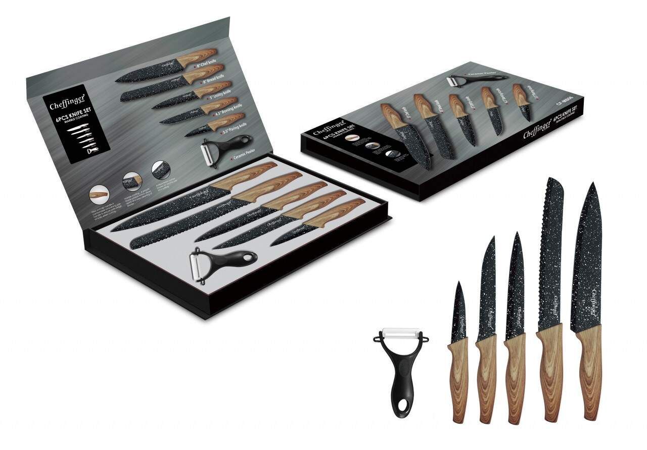 Cheffinger Messerset 6-tlg Messer Kochmesser Sparschäler.MB06 Holzoptik