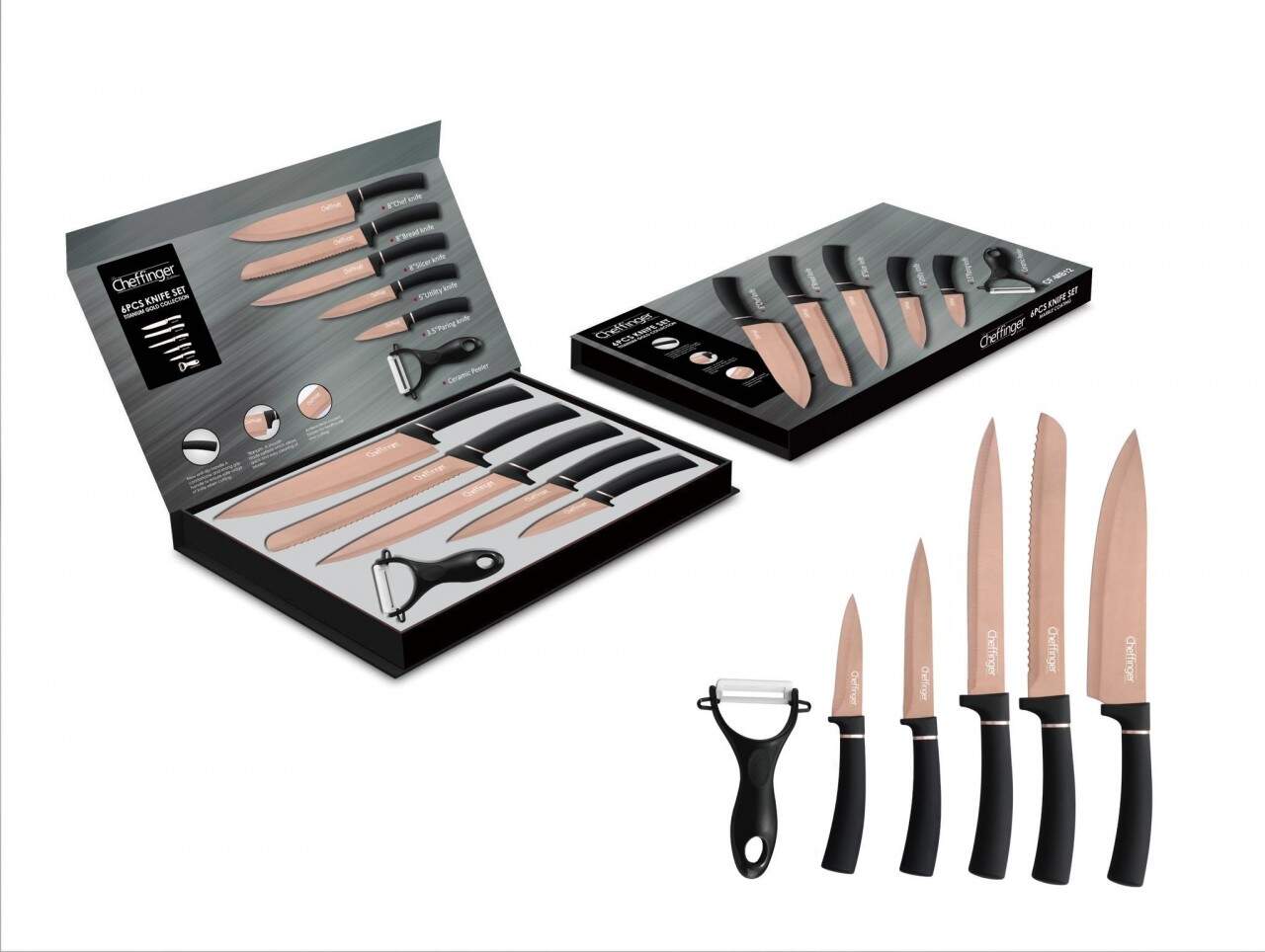 Cheffinger Messer Kochmesser Sparschäler Messerset 6-tlg. Cheffinger CF-MB12 Schwarz
