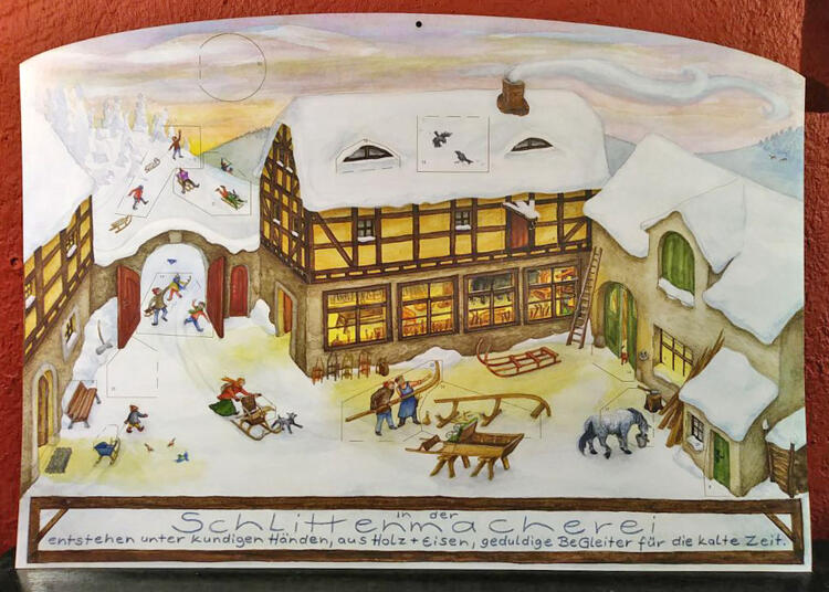 Adventskalender mit Verwandlung "Schlittenmacherei"
