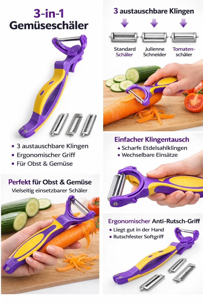 Rungassi - 3-in-1 Gemüseschäler mit austauschbaren Klingen vielseitig & praktisch Lila