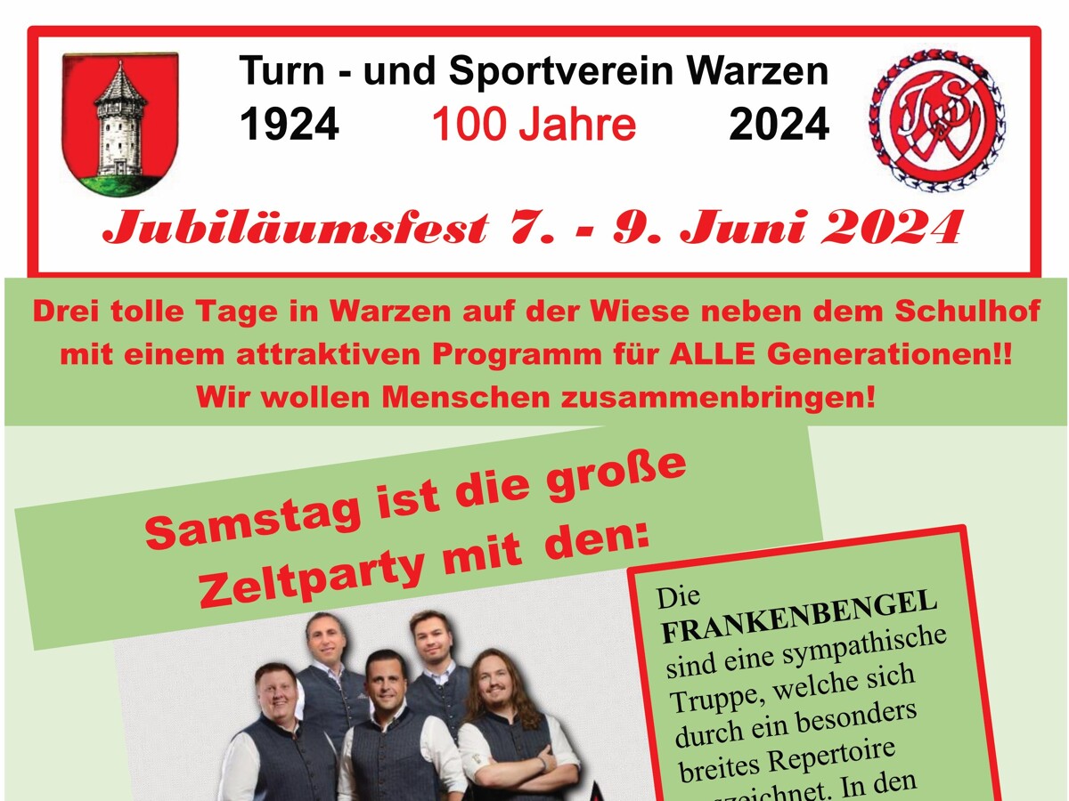 Jubiläumsfest 7. - 9. Juni 2024: Turn- und Sportverein Warzen 100 Jahre