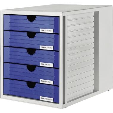 HAN - HAN Schubladenbox SYSTEMBOX 5 Schubladen DIN C4 Polystyrol Gehäusefarbe: lichtgrau Farbe der Schublade: blau