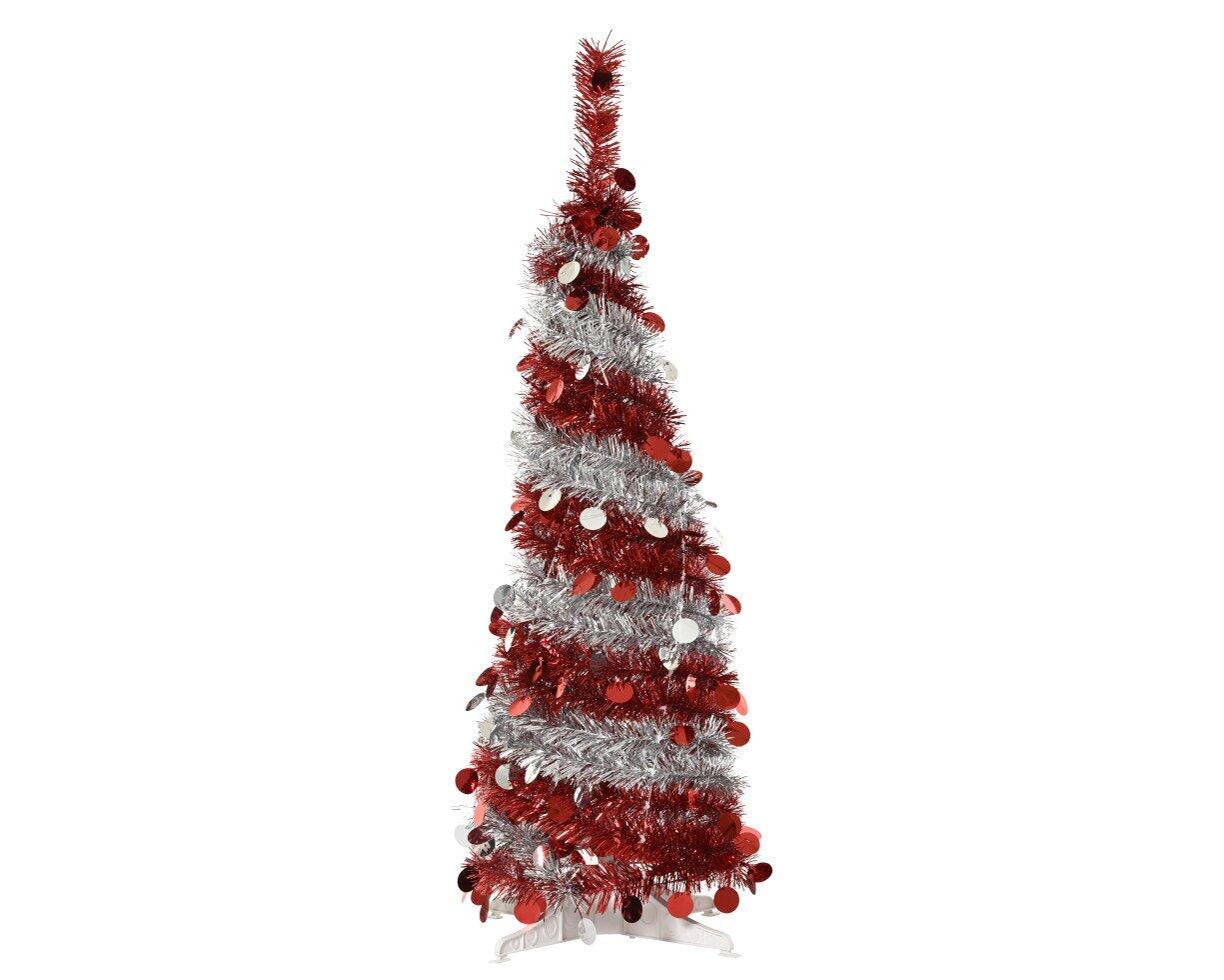 Decoris decorative Christmas tree with cone-shaped Christmas ornaments, 150 x 32 cm, red and silver