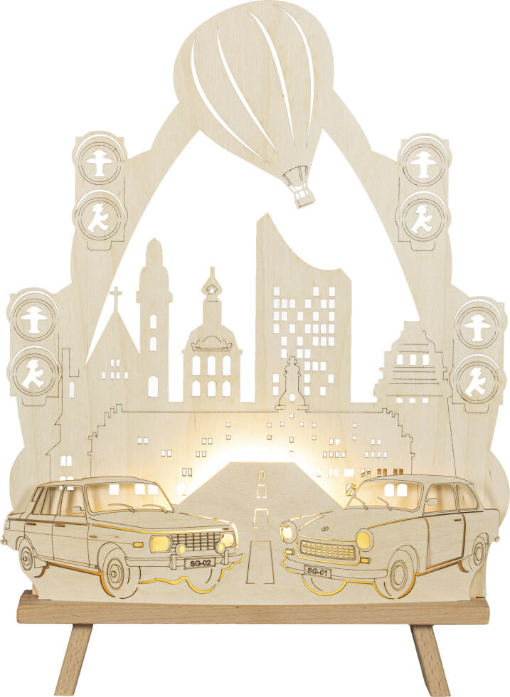 Saico LED decorative lamp Trabant and Wartburg wood, 44 cm, warm white, natural