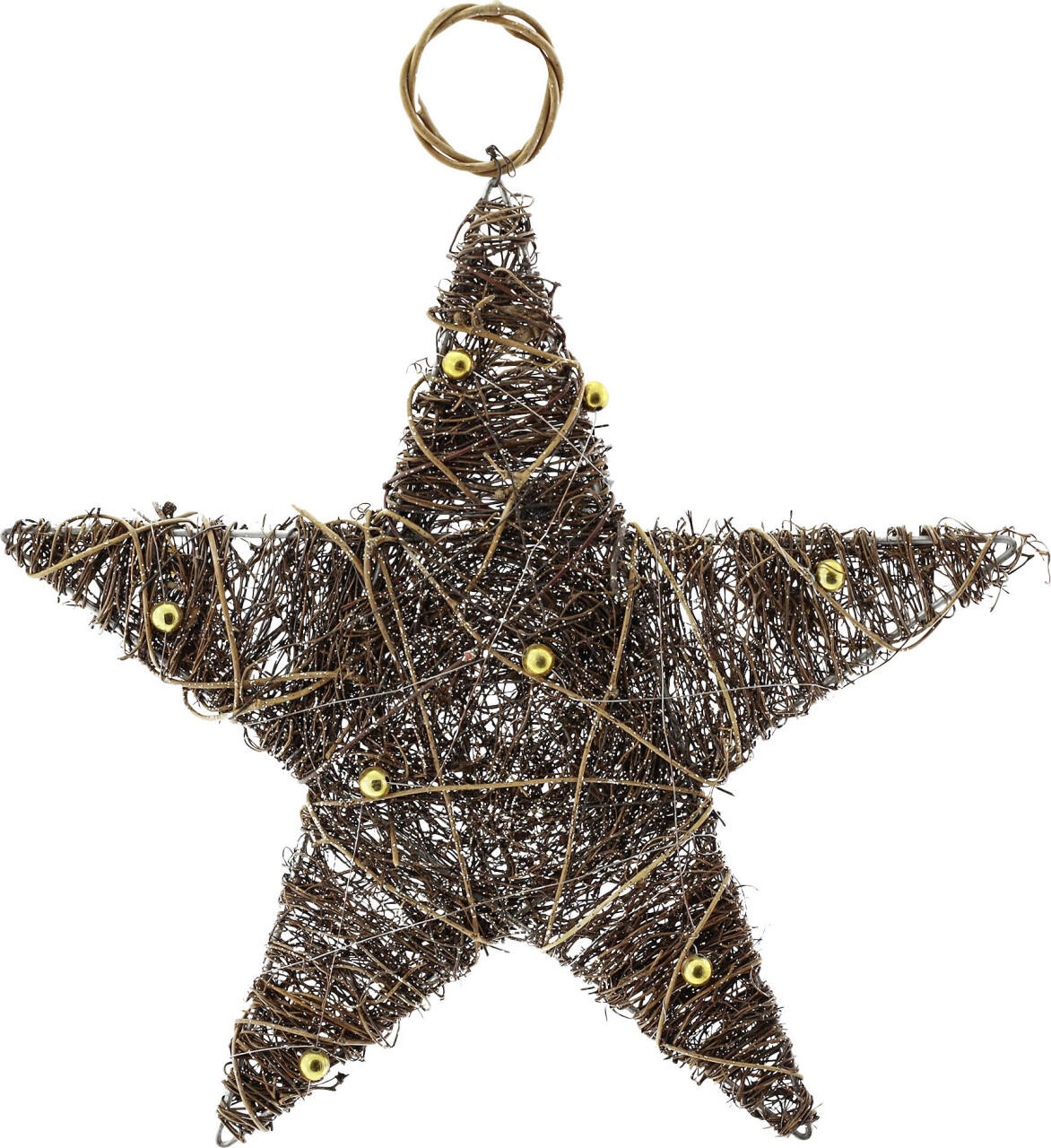 Decorative hanging star with beads, rattan, 25 cm diameter, natural gold