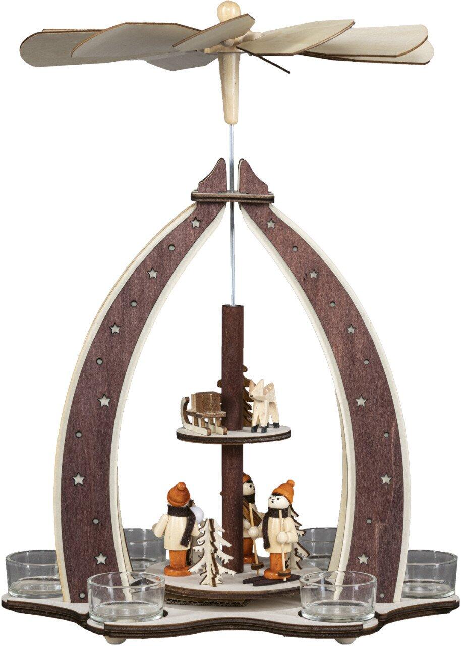 Saico Christmas Pyramid Winterkinder for 6 tealights, wood, 37 cm, natural