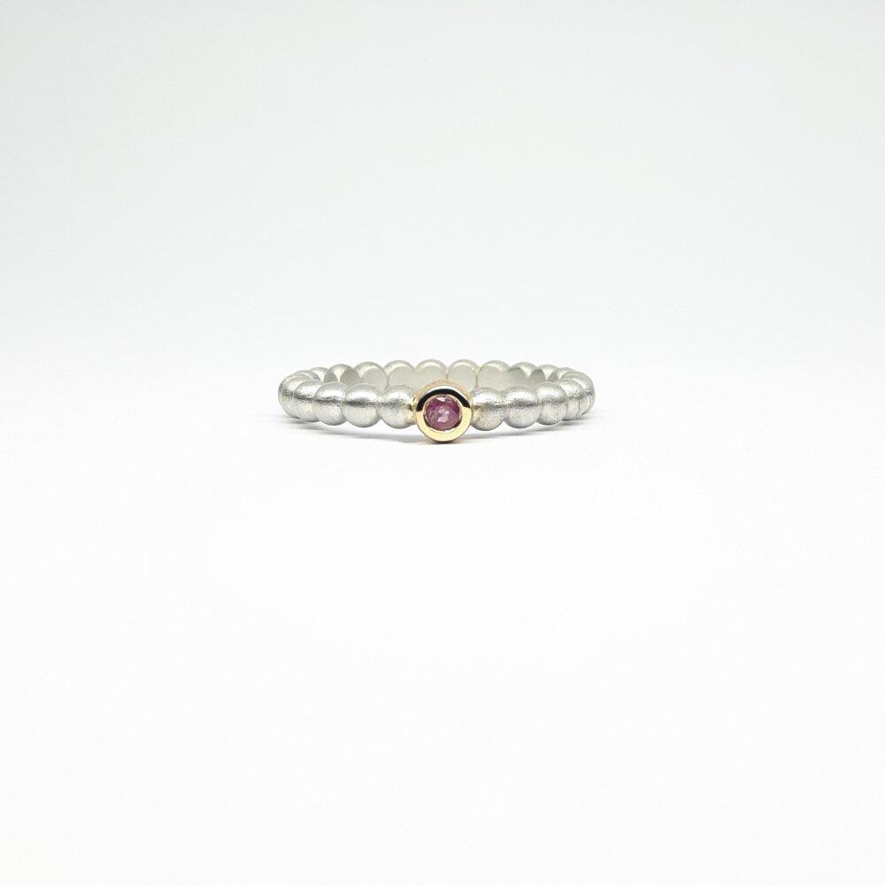 'round around', bague boules en argent 925/-, or jaune 18kt et tourmaline rose.
