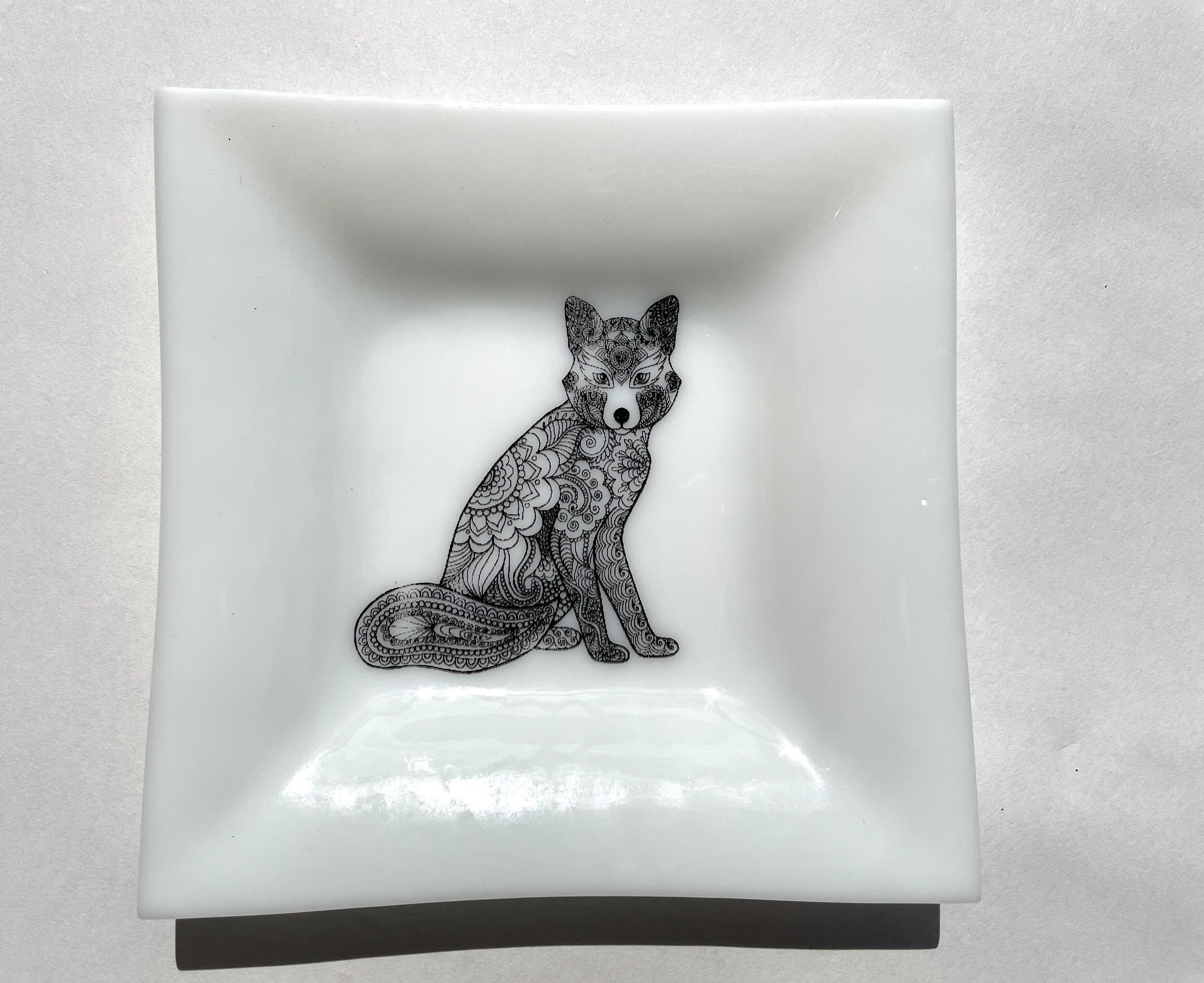 Assiette en verre avec motif de renard, faite à la main, verre opaque