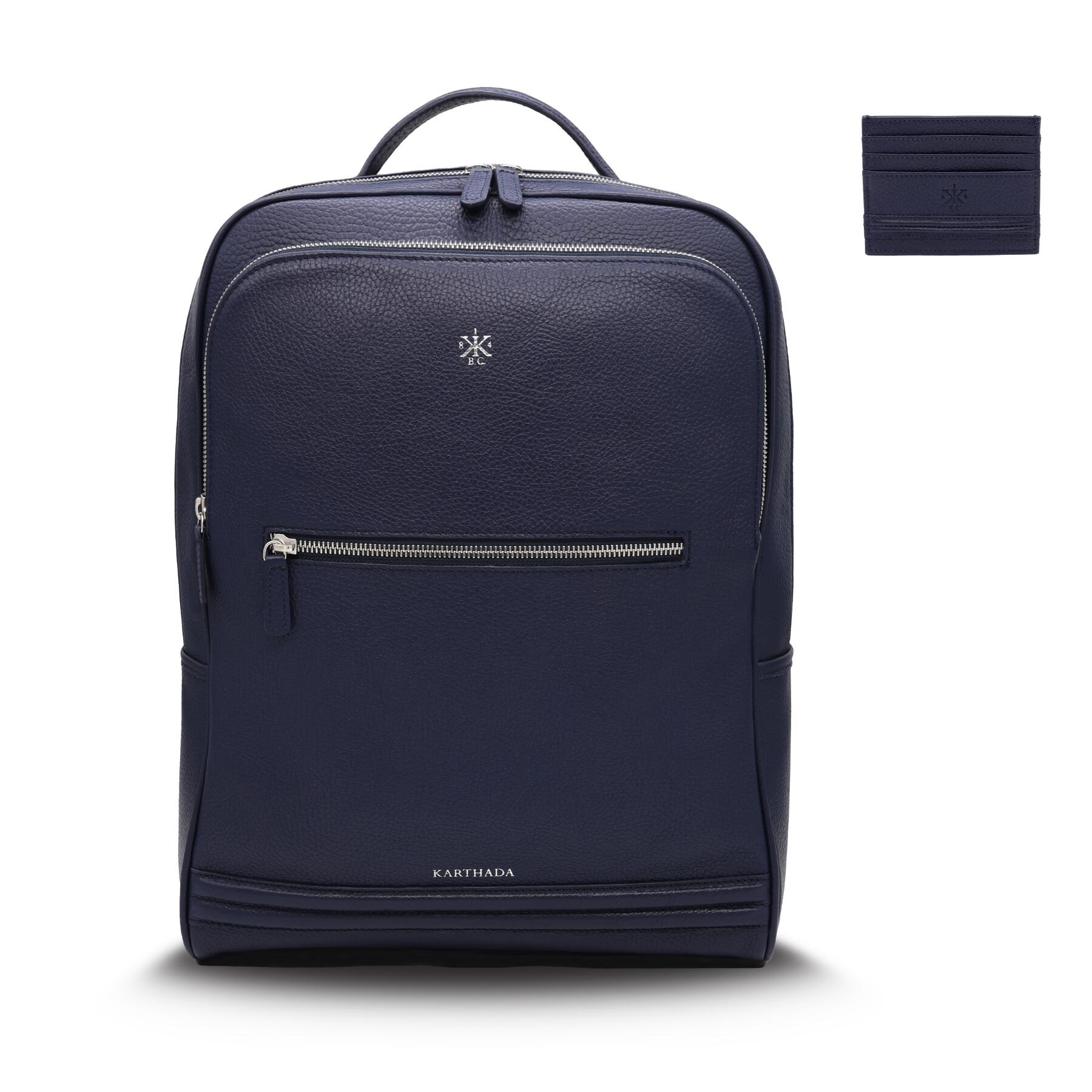 MAGONID Backpack & GISCO Mini Wallet – Navy Blue Full Grain Leather Travel Set