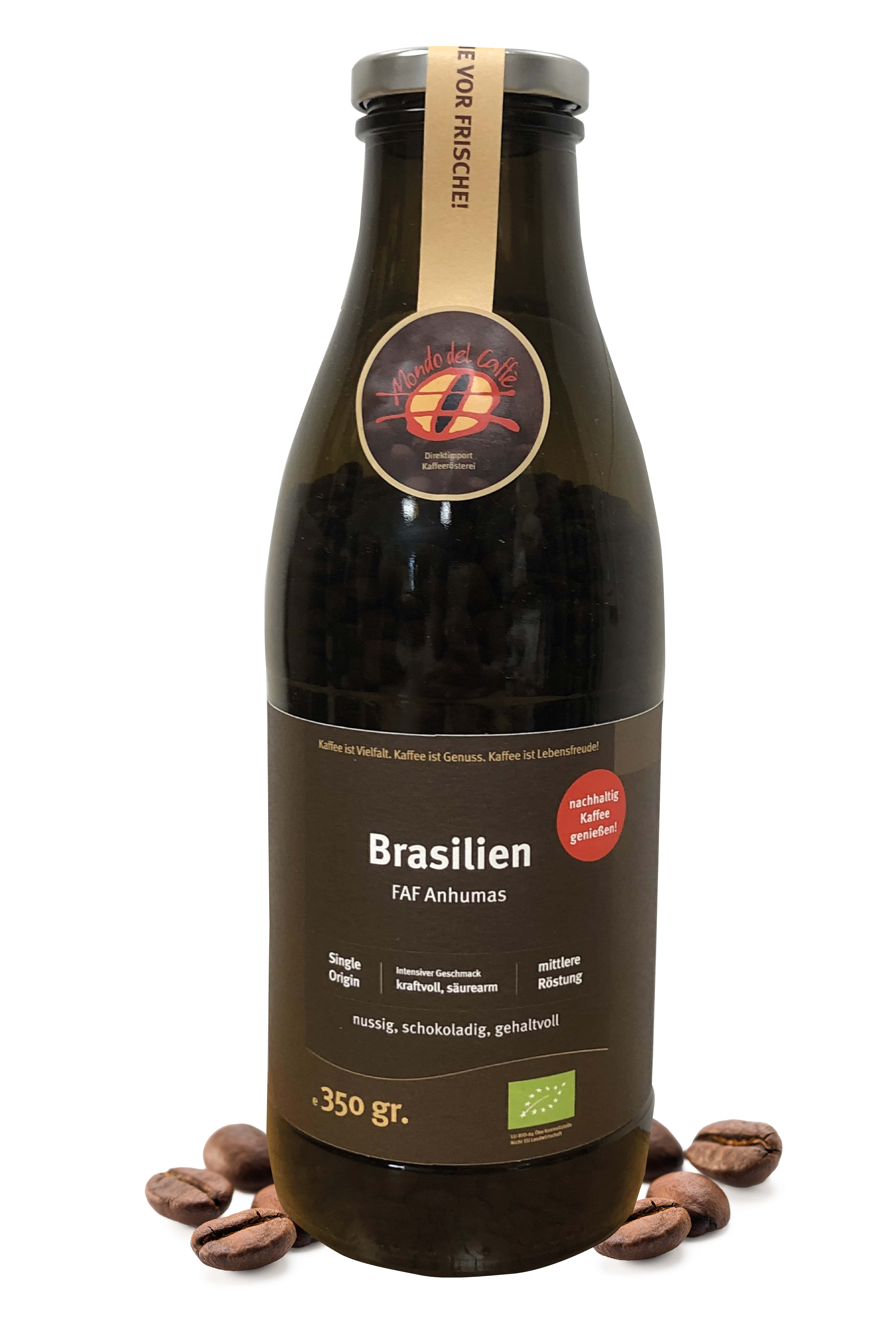 Brazil organic FAF Anhumas top coffee in amber glass bottle 