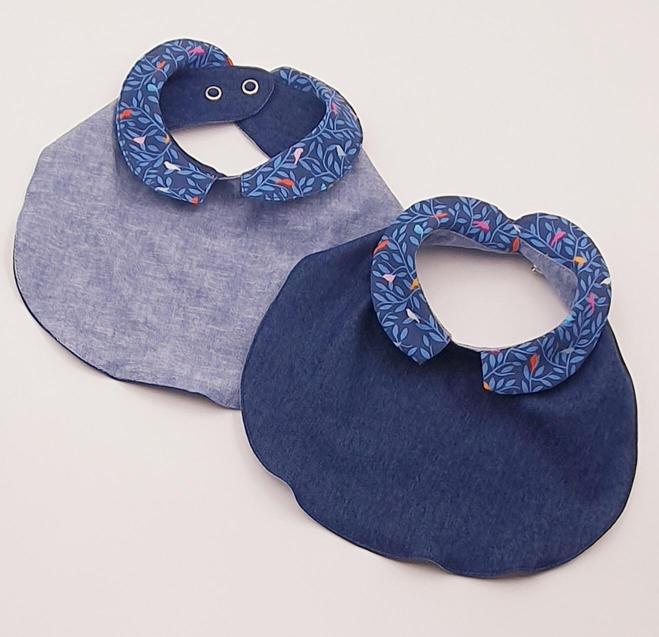 Chic bib with Claudine collar "Oiseaux bleus"