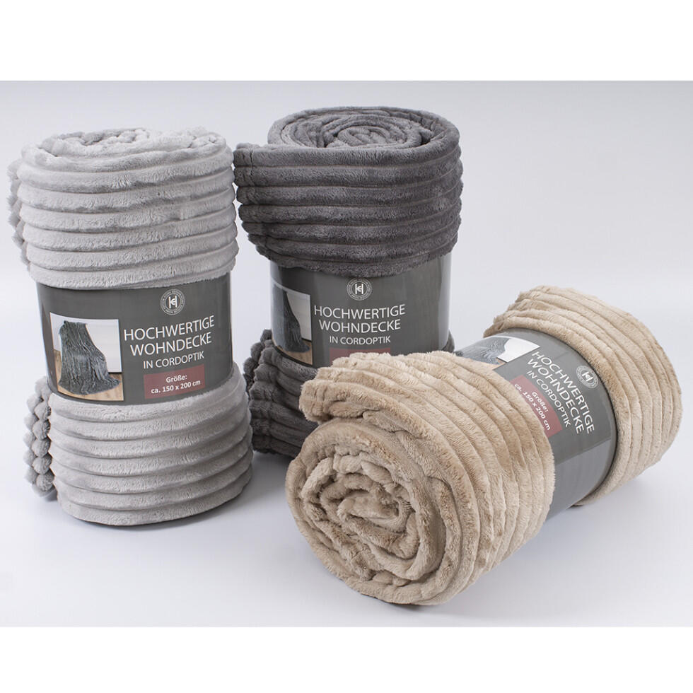 Couverture polaire en flanelle à effet corduroy, 150 x 200 cm, 3 coloris assortis