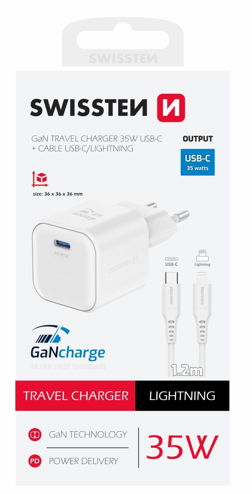 SWISSTEN TRAVEL CHARGER GaN 1x USB-C 35W POWER DELIVERY WHITE + DATA CABLE USB-C/LIGHTNING 1,2M WHITE