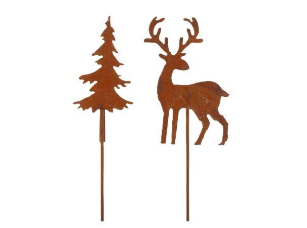 Flamingo garden stake - Reindeer & Fir, rust brown, 15 cm, 4 pcs