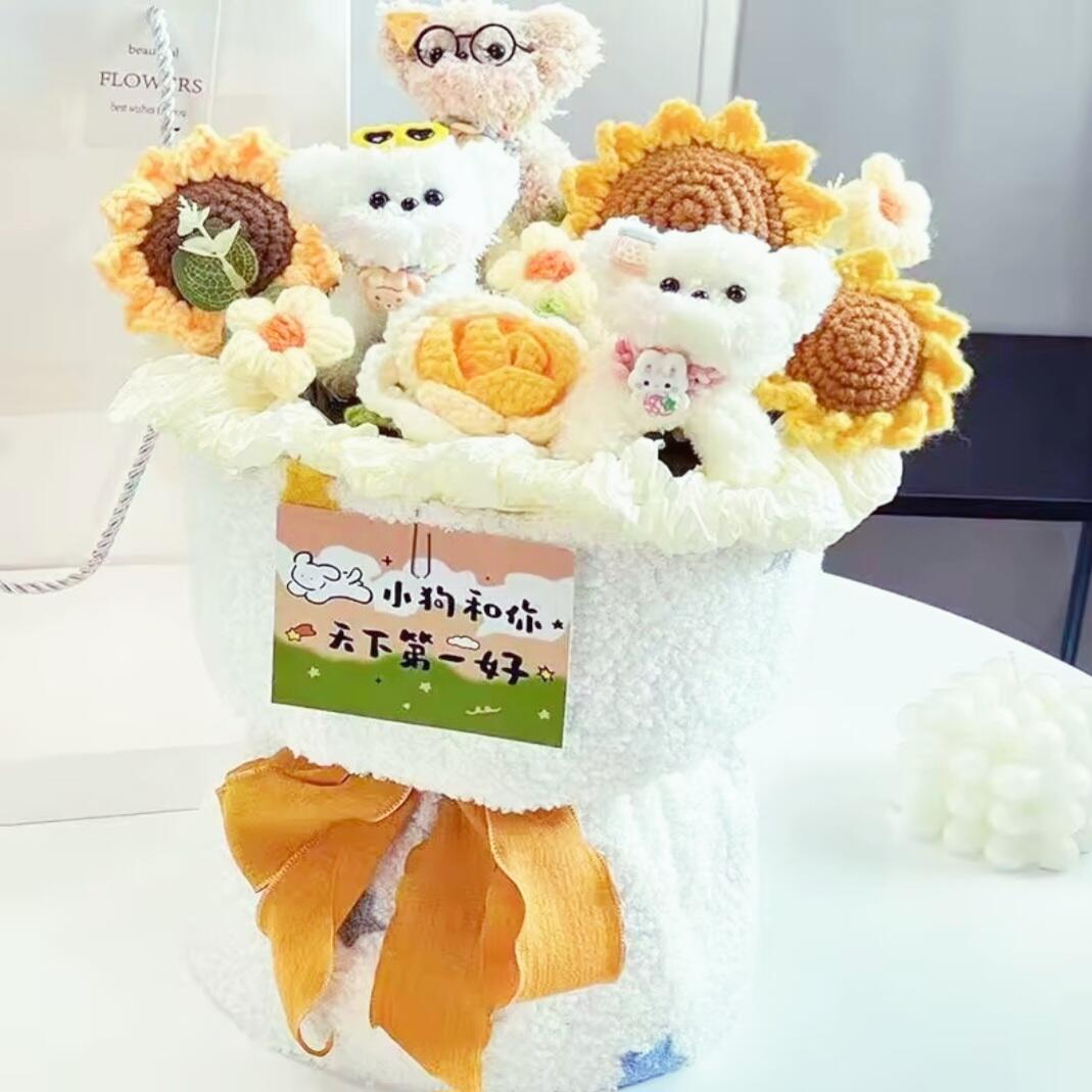 Sweet Pastel Yellow Crochet Flower Bouquets with Cute Fluffy Dogs
