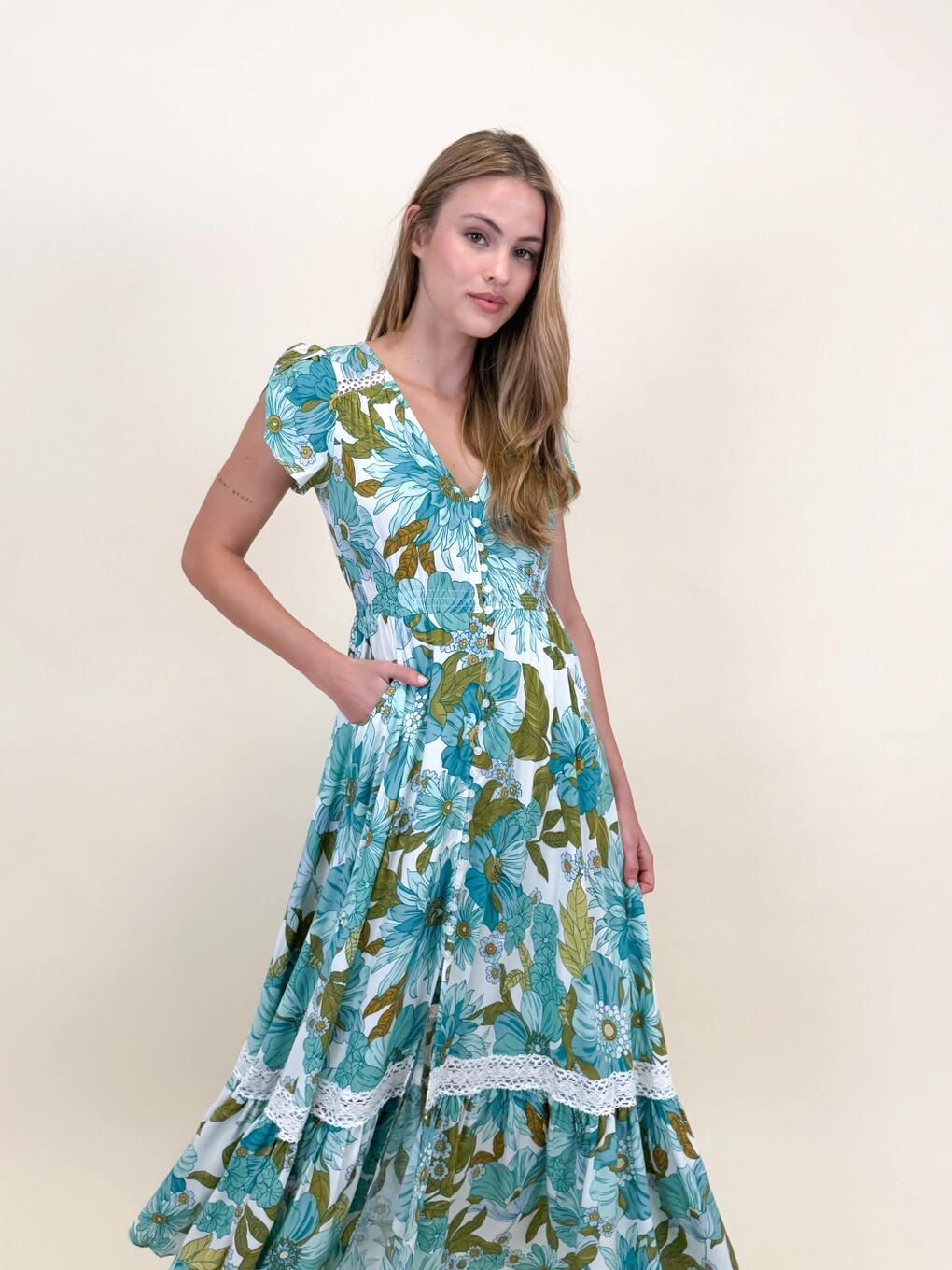 Jaase Amaya Print Carmen Maxikleid in türkis kiwi - in verschiedenen Grössen - 2342