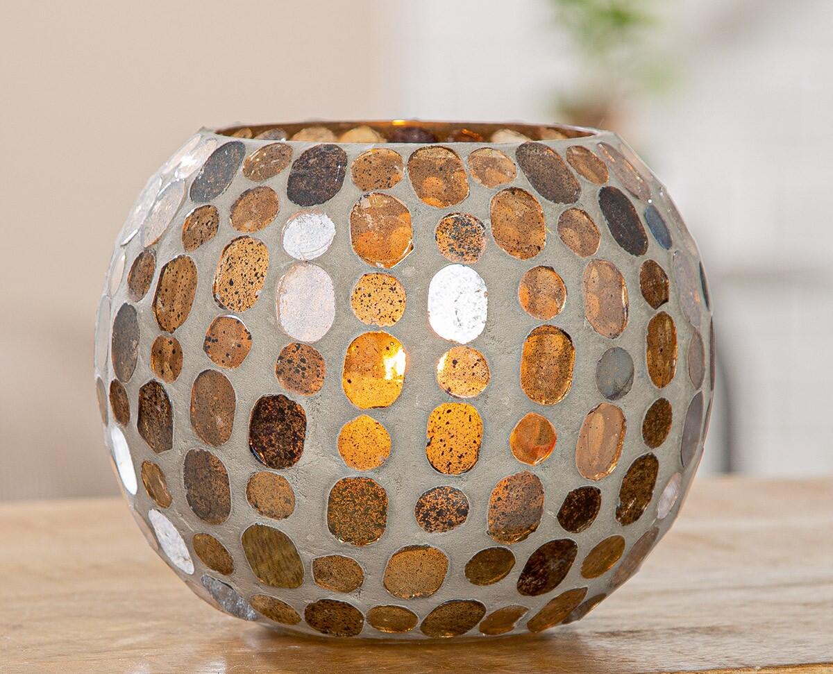 Tealight / hurricane lantern Punit - white and brown - mosaic - 11 x 12 x 12 cm Winter 889