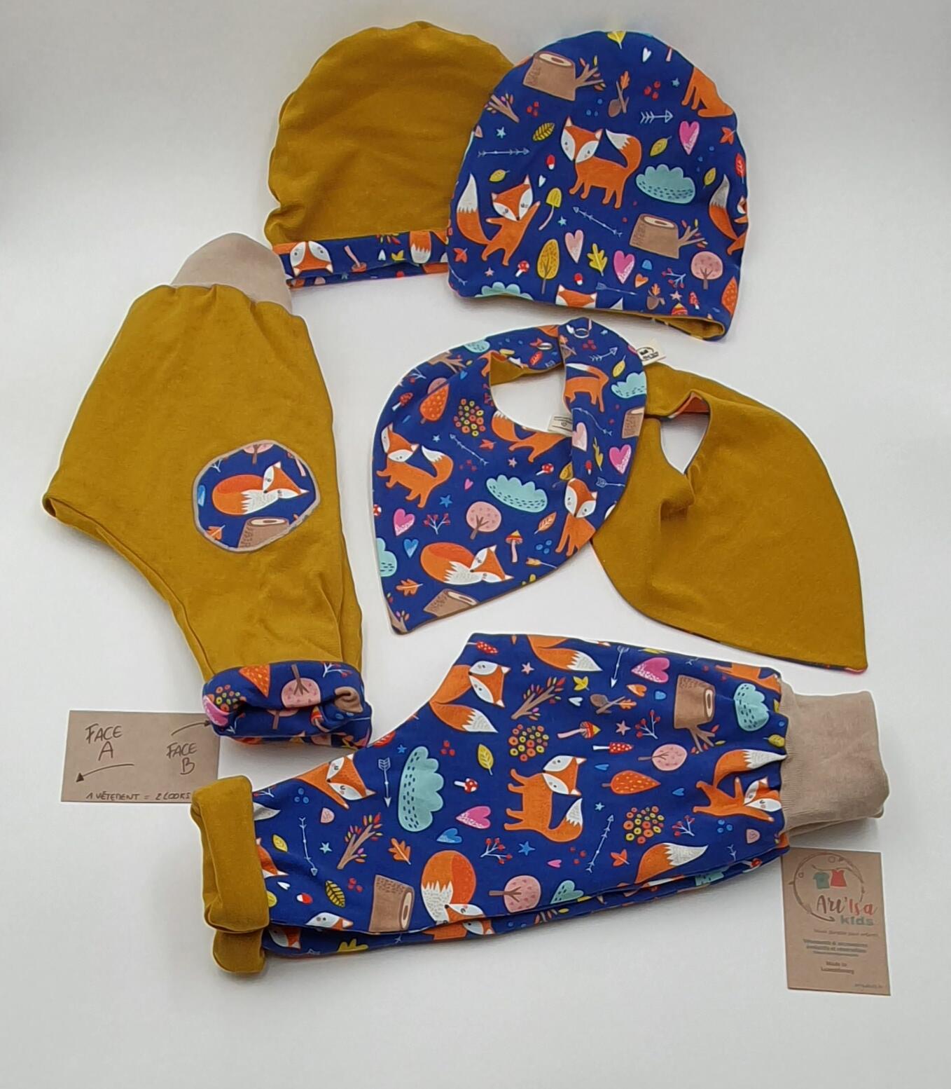 Ensemble 3 articles "Renards bleus" (sarouel, bonnet et bandana) 