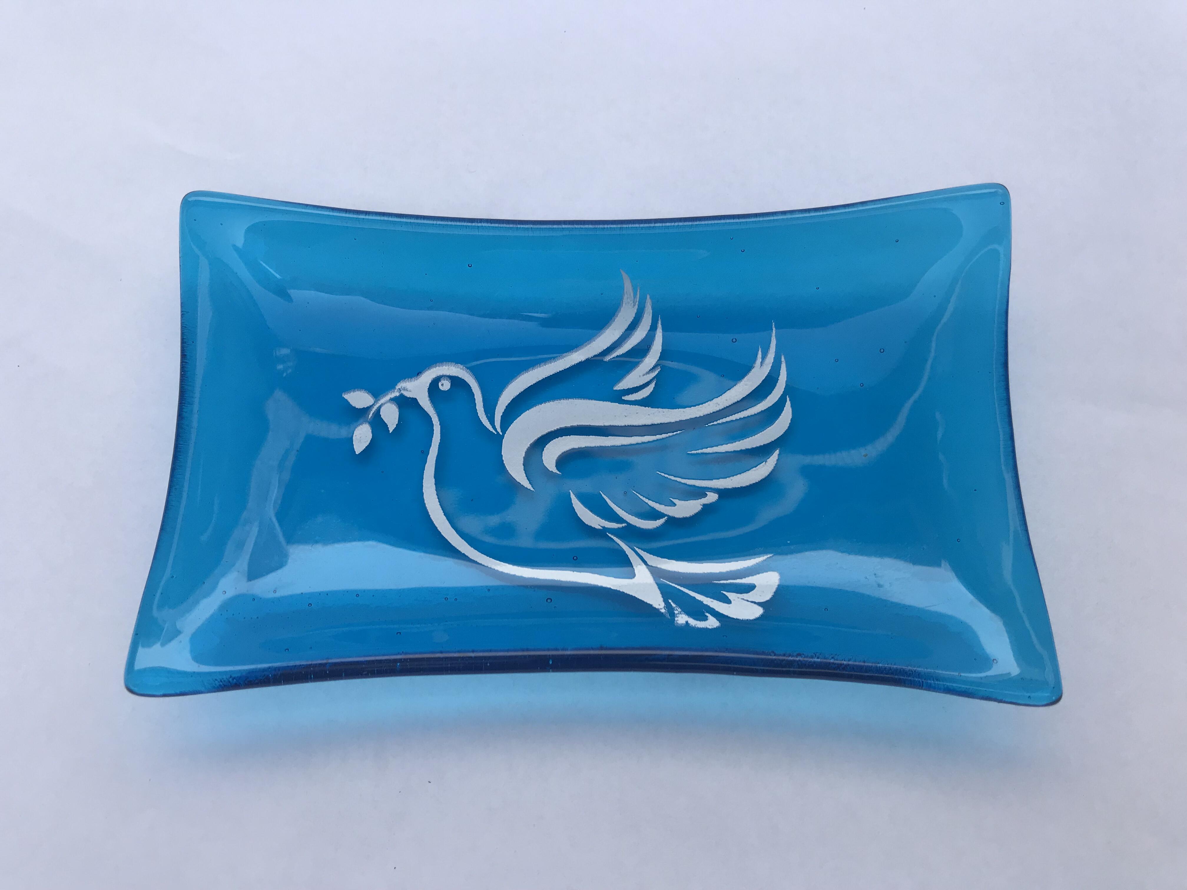 Small bowl with peace dove, handmade, transparent glass 