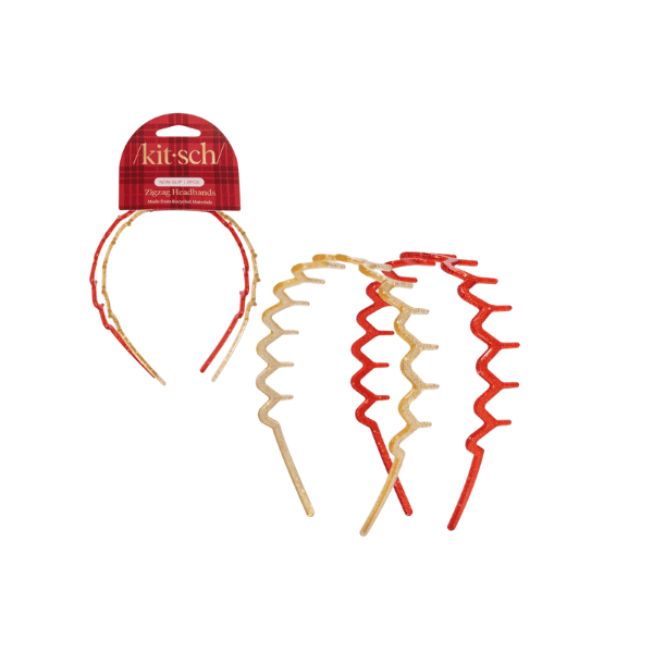 Kitsch Lot de 2 serre-têtes zigzag en plastique recyclé - doré et rouge