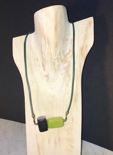 Green leather necklace with asymmetrical Tagua nut 