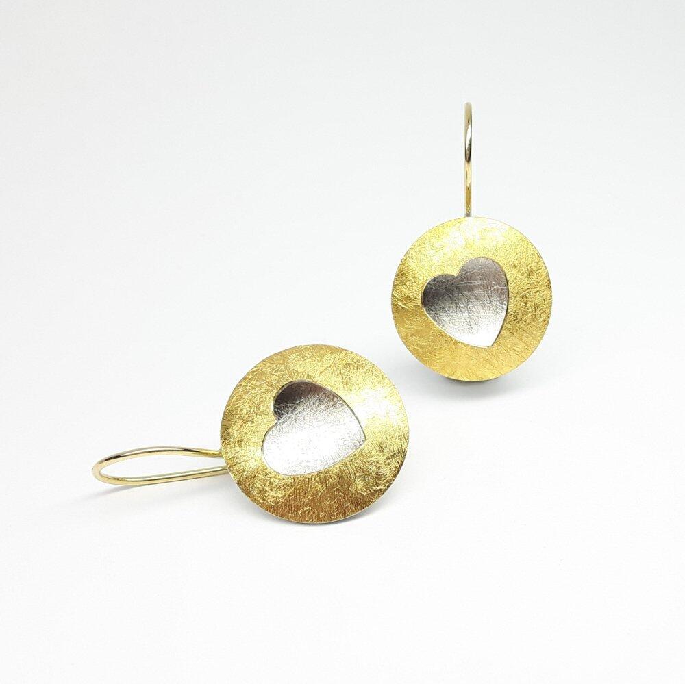 Earrings "heart", fine gold, 18kt yellow gold and 925 silver.