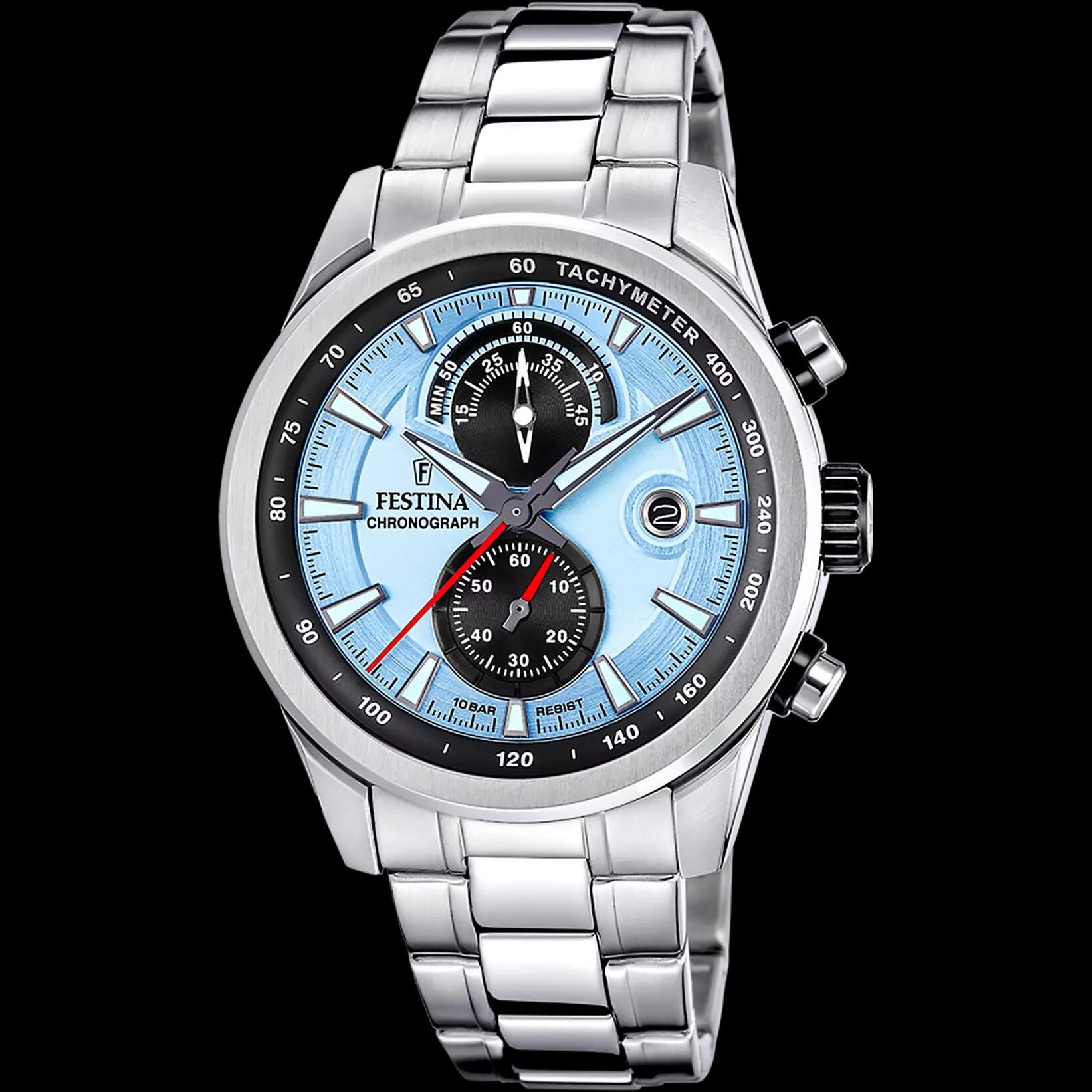 FESTINA TIMELESS CHRONOGRAPH Uhr mit blauem Zifferblatt, 44 mm, Stahlarmband
