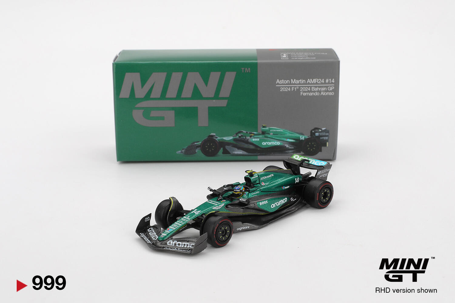 Mini GT - #MGT00999-L - Aston Martin AMR24 #14 Fernando Alonso - Formule 1 2024 - GP Bahreïn 2024 - Échelle 1:64