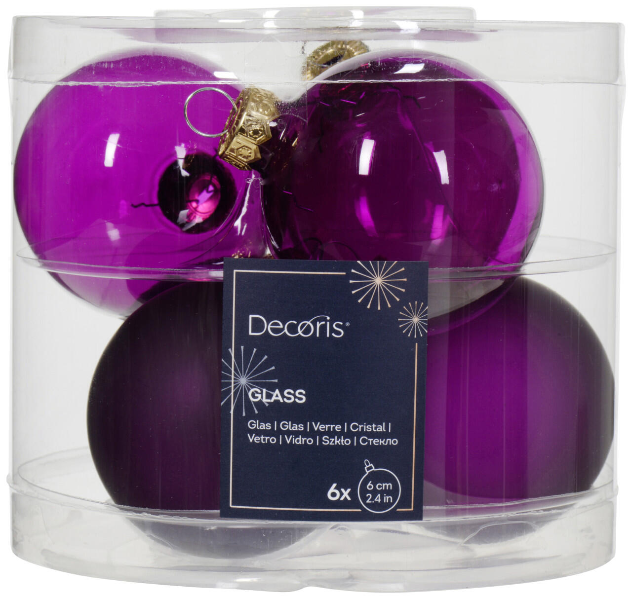 Decoris Glass Christmas Ornaments, 6 cm diameter, purple, set of 6