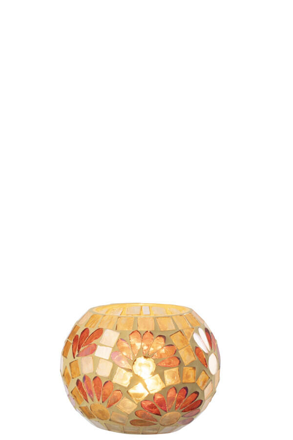 Lanterne à bougies en verre – motif mosaïque de fleurs – crème / beige / brun rouille – diamètre 10 cm – 62790