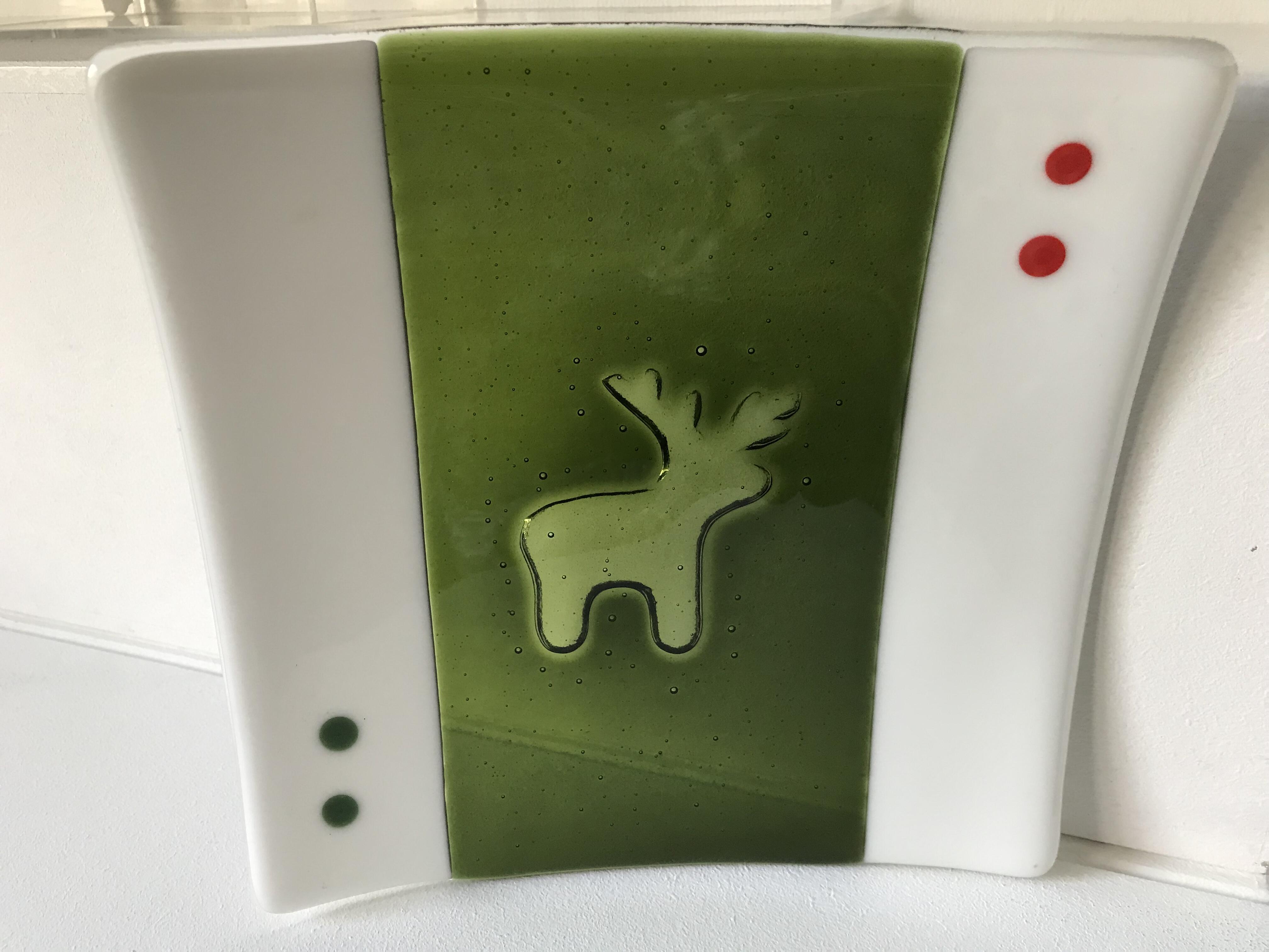 Square glass bowl, handmade, with deer motif, green, unique piece