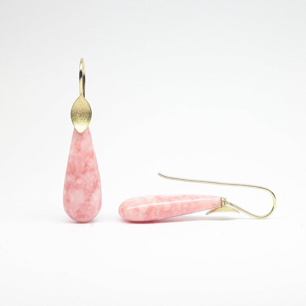 Earrings, 18kt yellow gold and rare pink opal pampels. One of a kind.