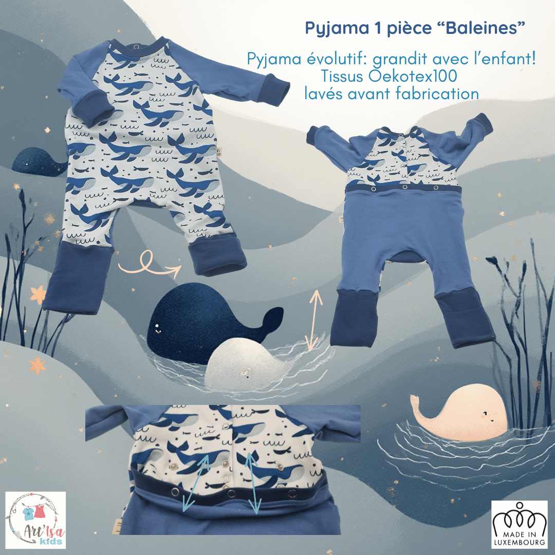 One-piece grow-with-you pajama "Baleines" Made in Luxembourg