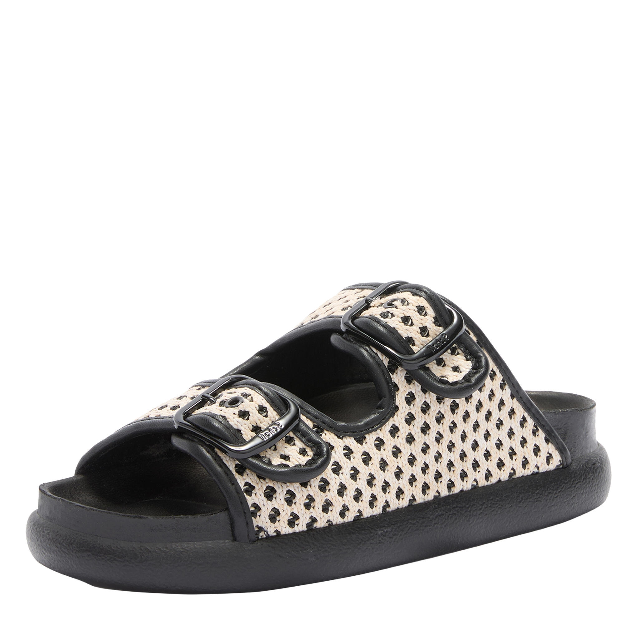 Sandal with adjustable buckles and a platform sole.