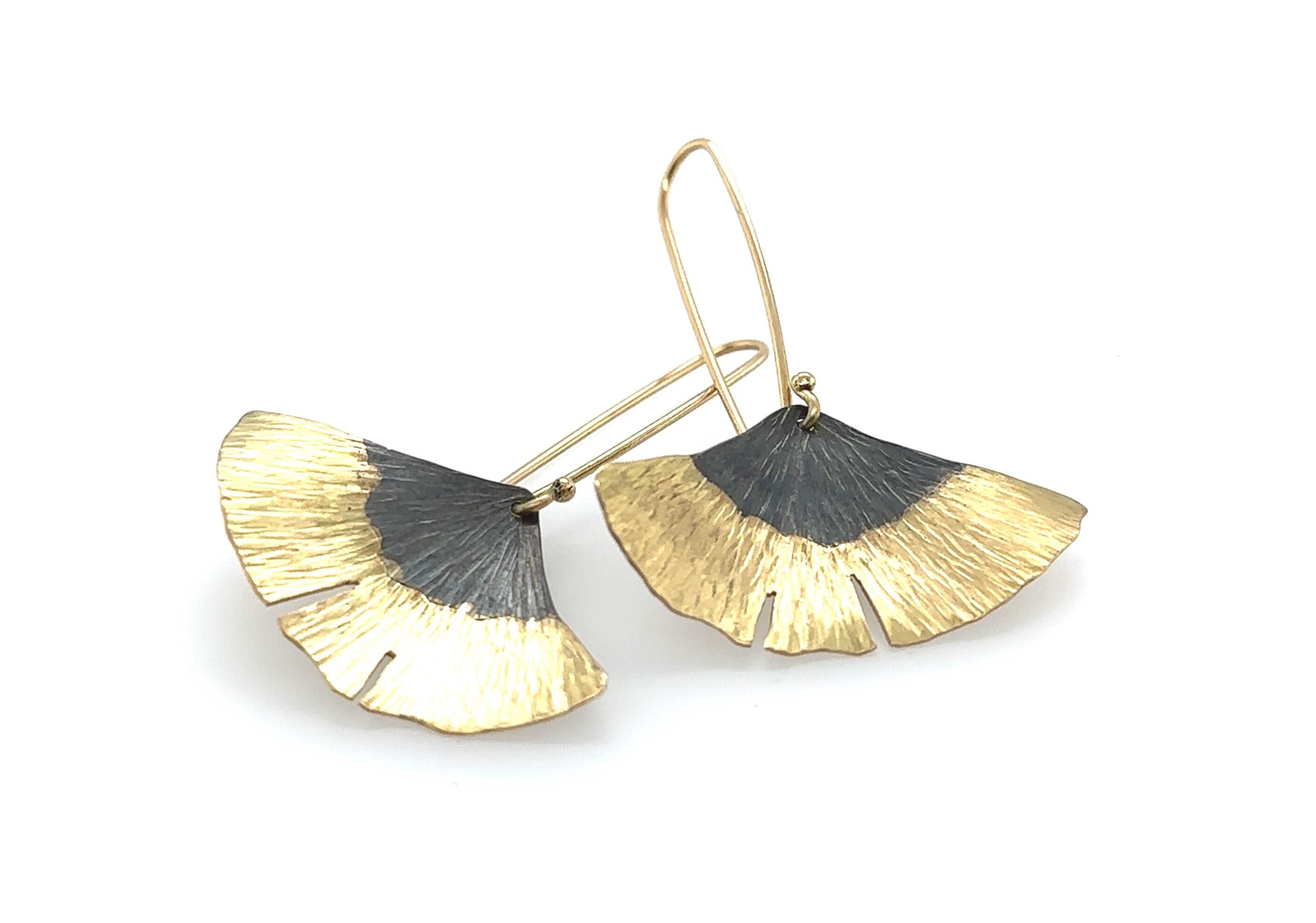 Earrings in 750/- yellow gold and 925/- silver ginkgo leaf