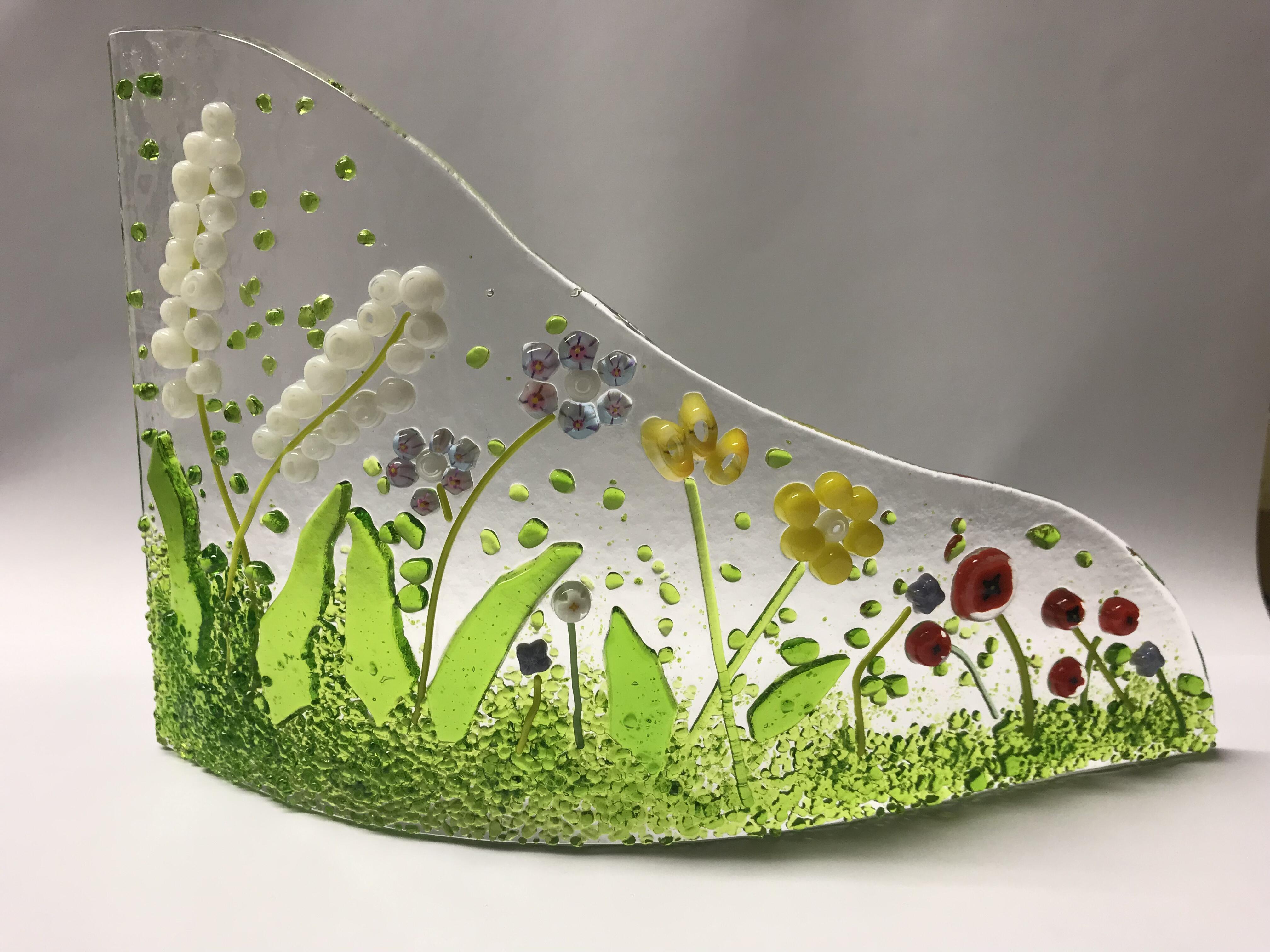 Blumenwiese aus Glas, handgemacht, mit vielen schoenen Millefiori, Einzelstueck 