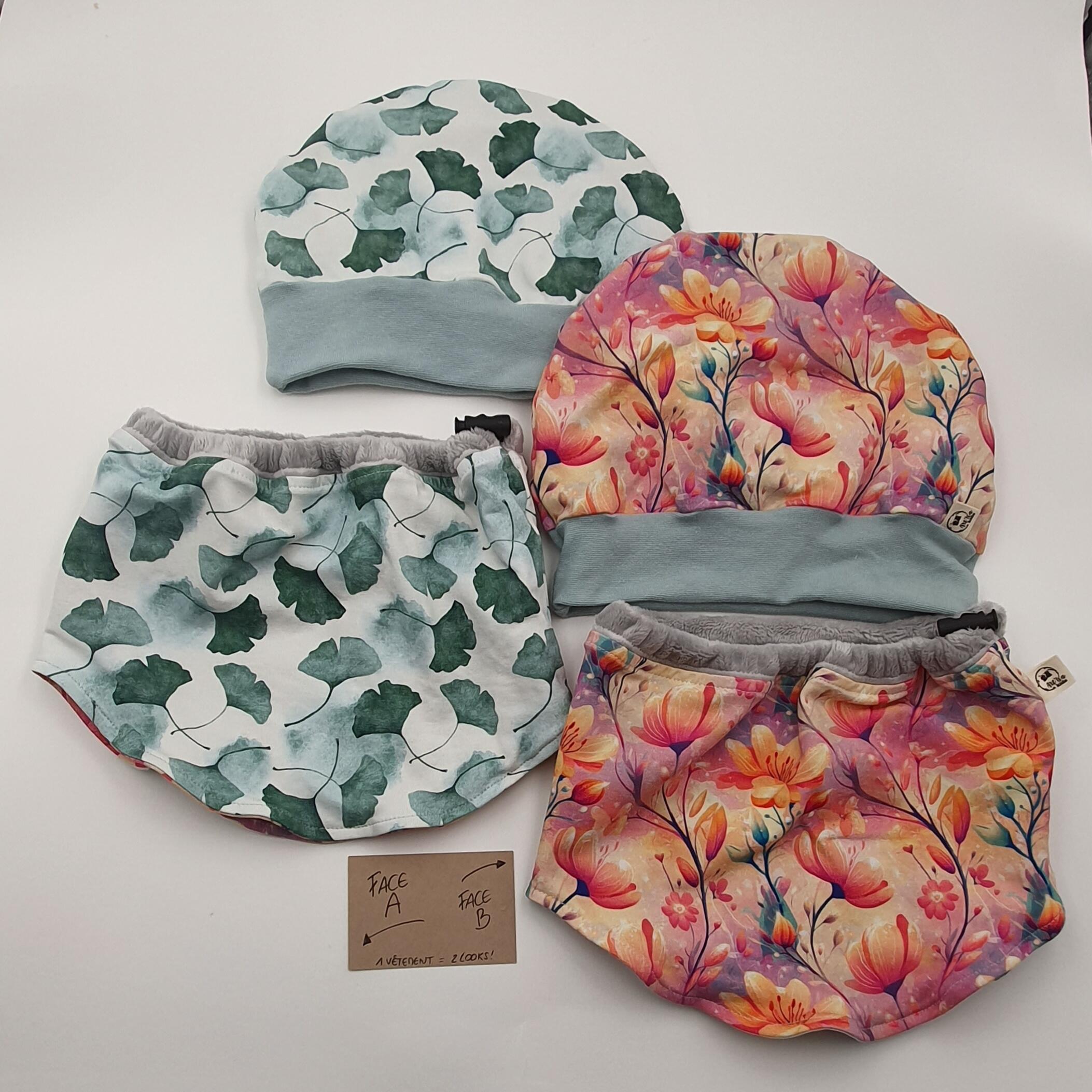 Ensemble hiver bonnet + col "Fleurs & Ginko"
