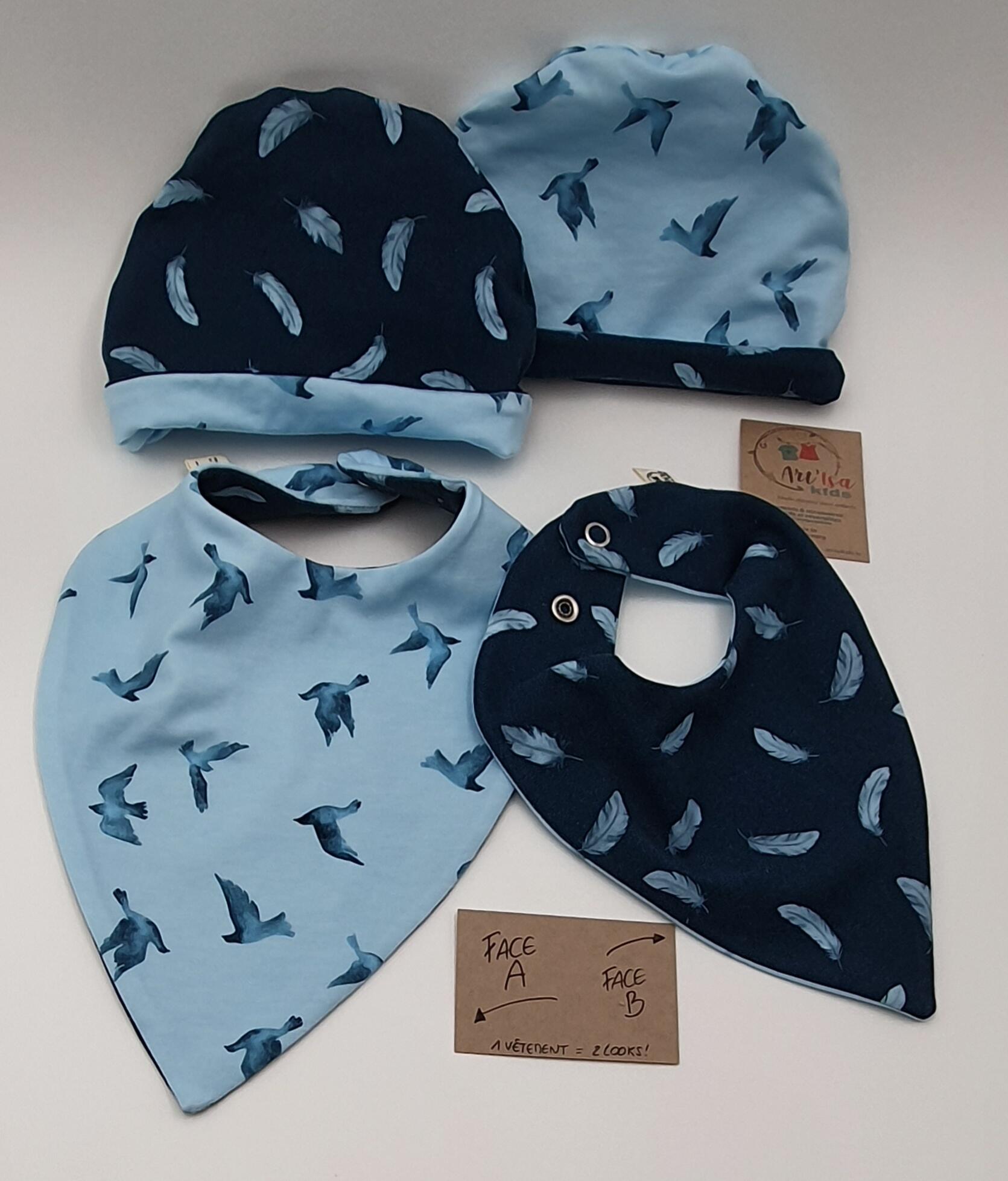 Ensemble bonnet + bandana "Oiseaux bleus"
