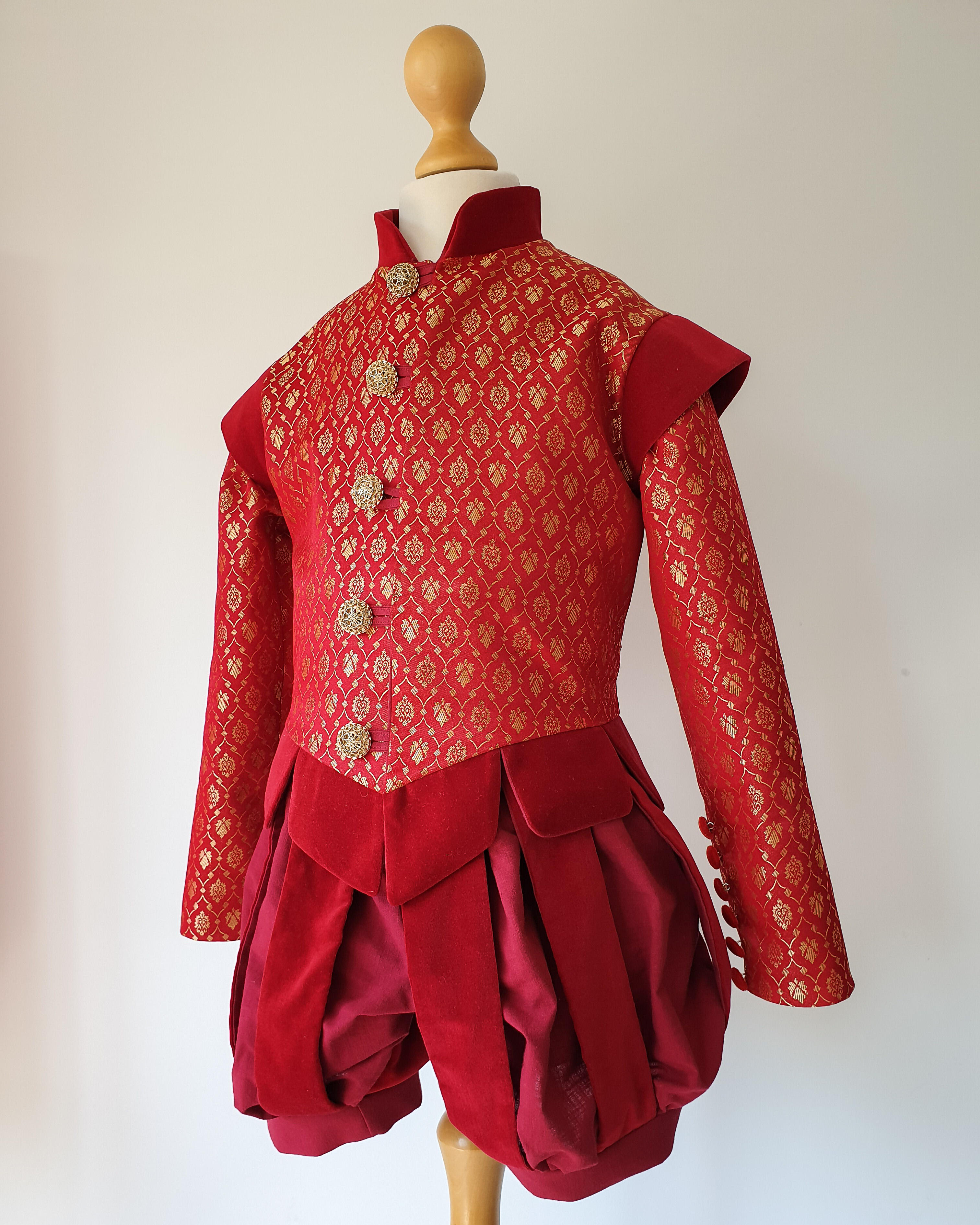 Costume de lansquenet Tudor en brocart ou en velours pour un déguisement médiéval ou pour Halloween