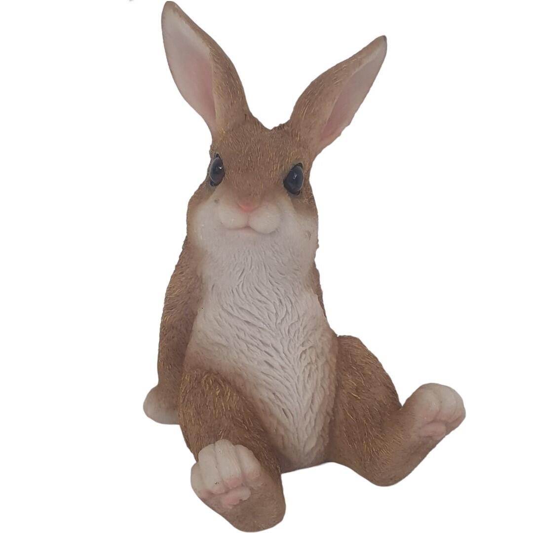 Sitting rabbit decorative figurine, 9.5 x 7 x 6 cm, brown and white.