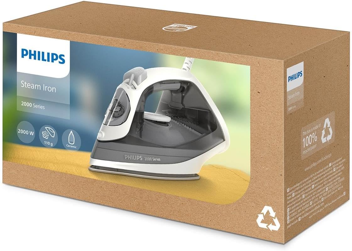 Philips Dampfbügeleisen 2000 Serie, Grau, 2000 W | 25 g/min Dauerdampf, 110 g Dampfstoß, Keramik Bügelsohle, 250 ml Wassertank (DST2020/80)