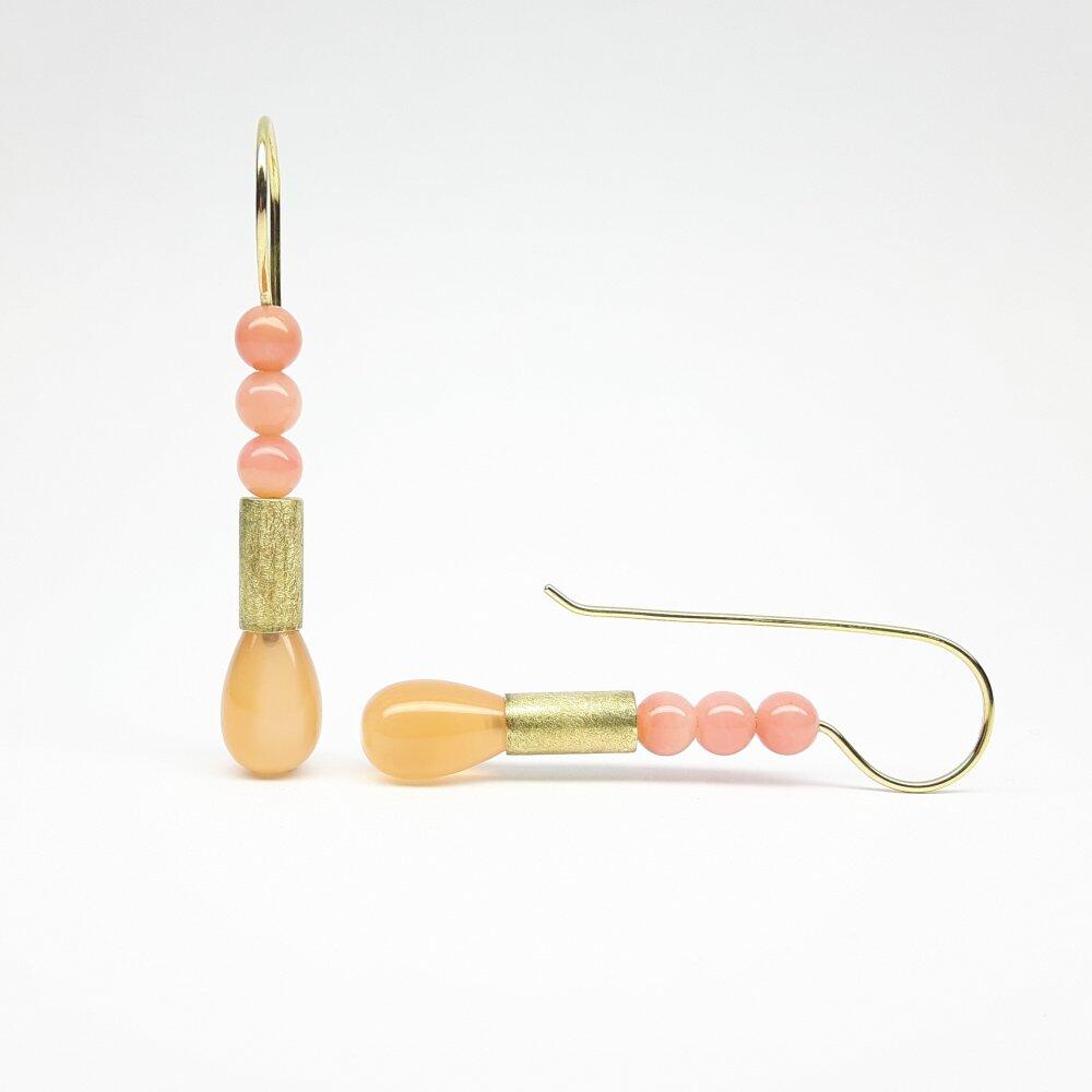 18k yellow gold earrings, moonstone pendants and pink opal beads. One of a kind.