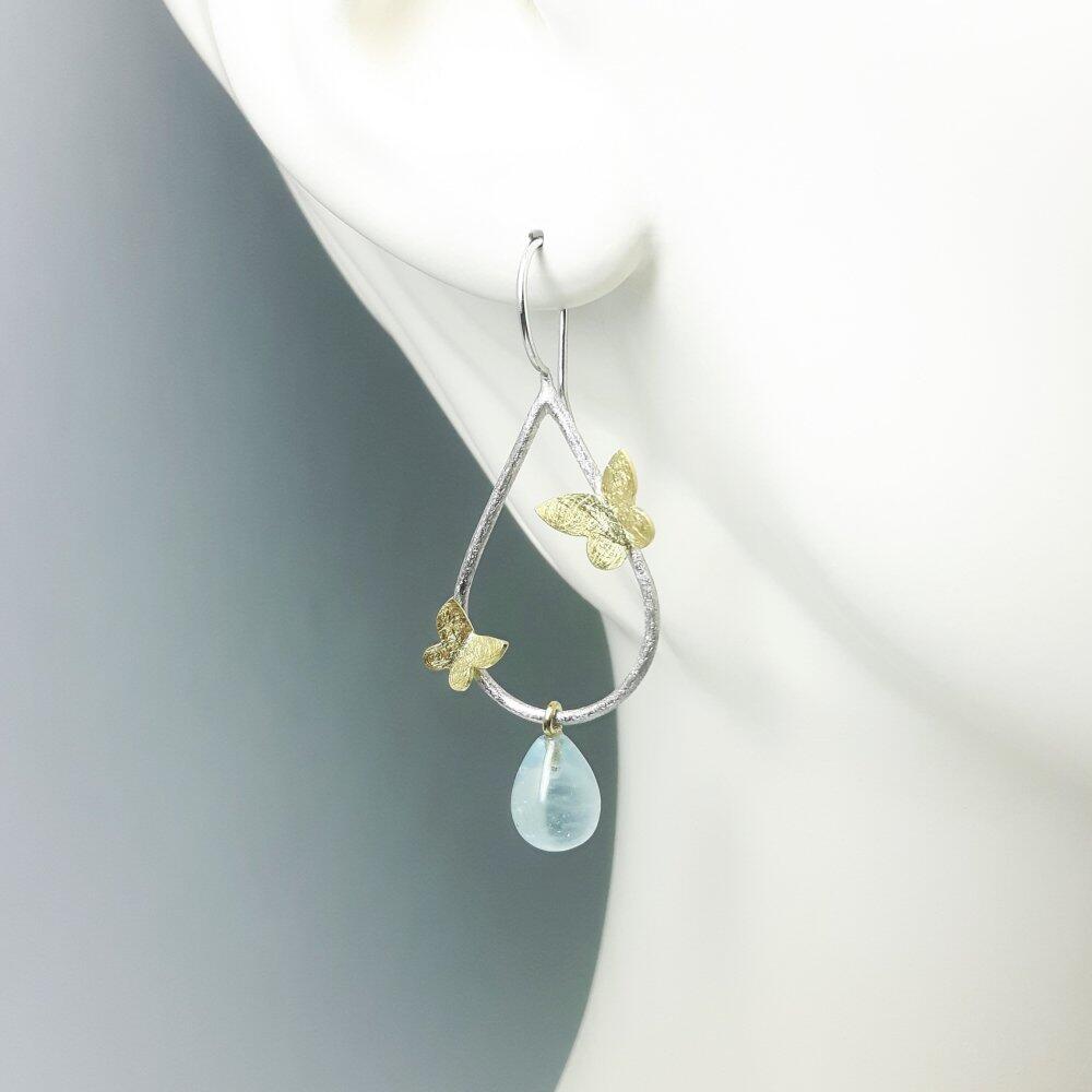 "butterfly", earrings made of 925 silver, 18kt yellow gold, and aquamarine beads. One of a kind.