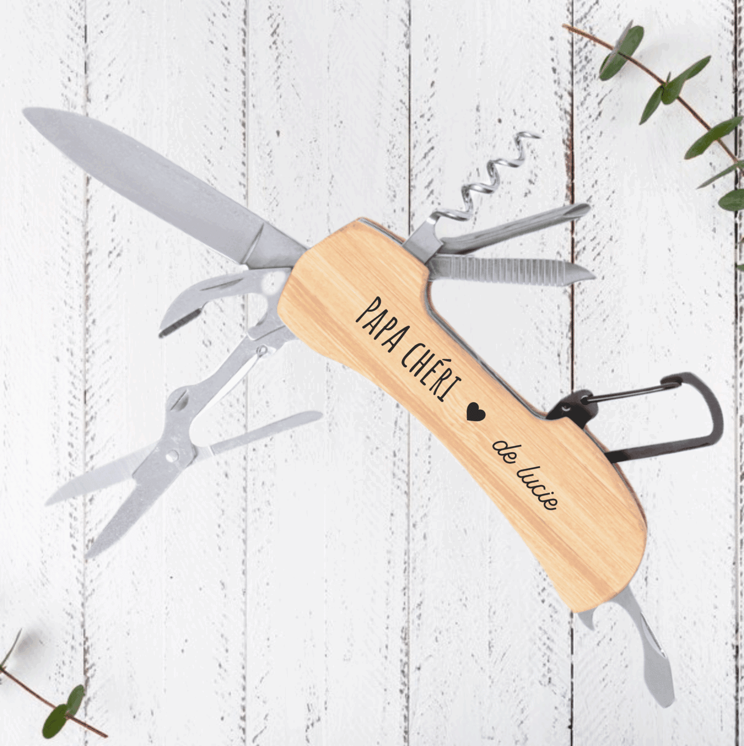 Personalisierter Schweizer Taschenmesser "papa chéri" mit den Vornamen der Kinder
