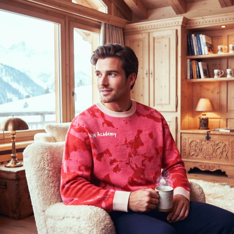 Flamingo Rose Designer Jacquard-Strickpullover mit Rundhalsausschnitt