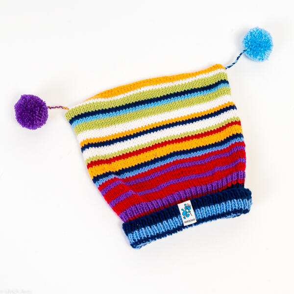 Bonnet enfant rayé tricoté à la main avec pompon, circonférence environ 45 cm