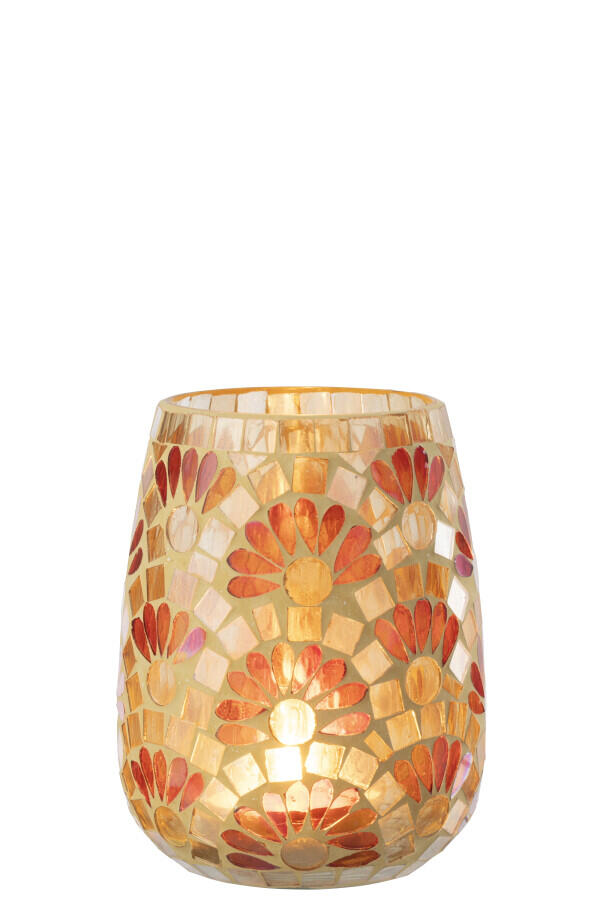 Lanterne en verre pour bougie chauffe-plat, motif mosaïque de fleurs, crème/blanc cassé / beige / brun-rouille, 16 cm, 62791