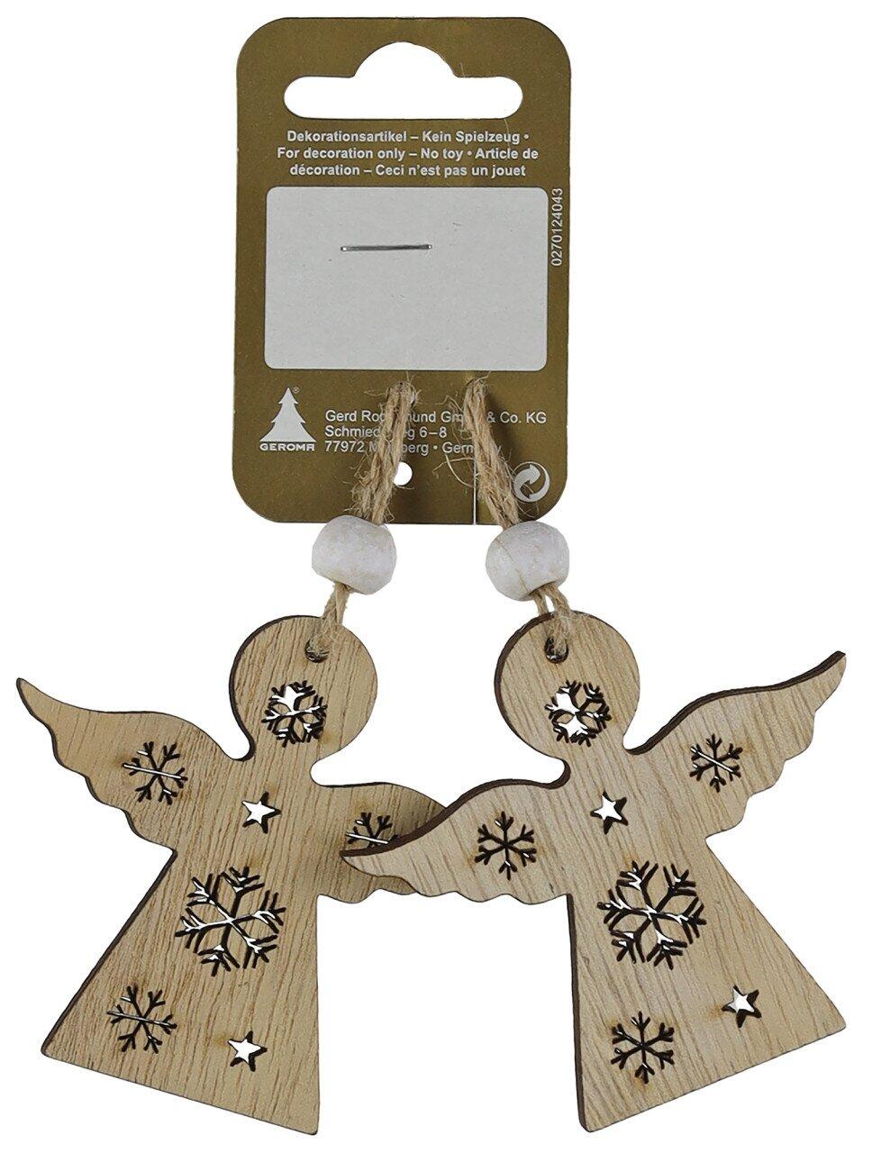 Wooden Christmas angel hanging ornament, 7 cm, natural finish, set of 2.