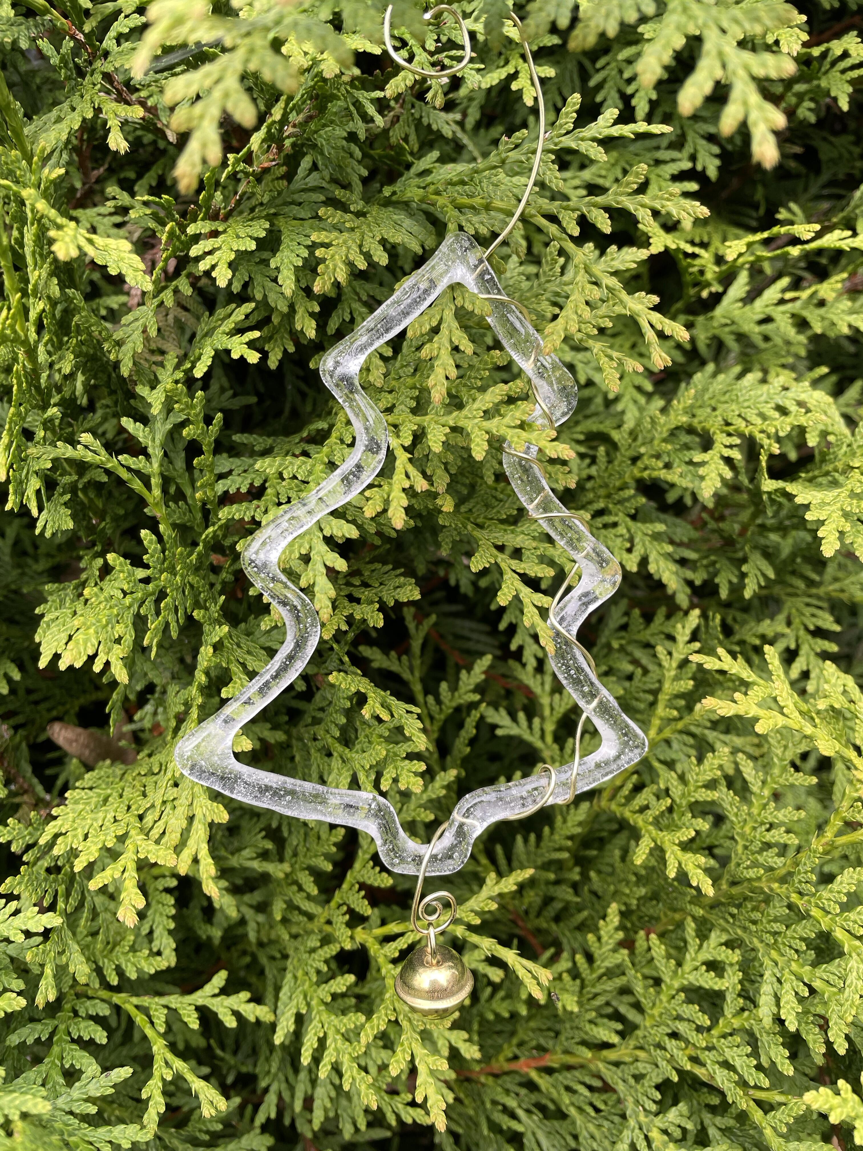 Christmas tree made of transparent glass, with gold colored wire and little bell, handmade