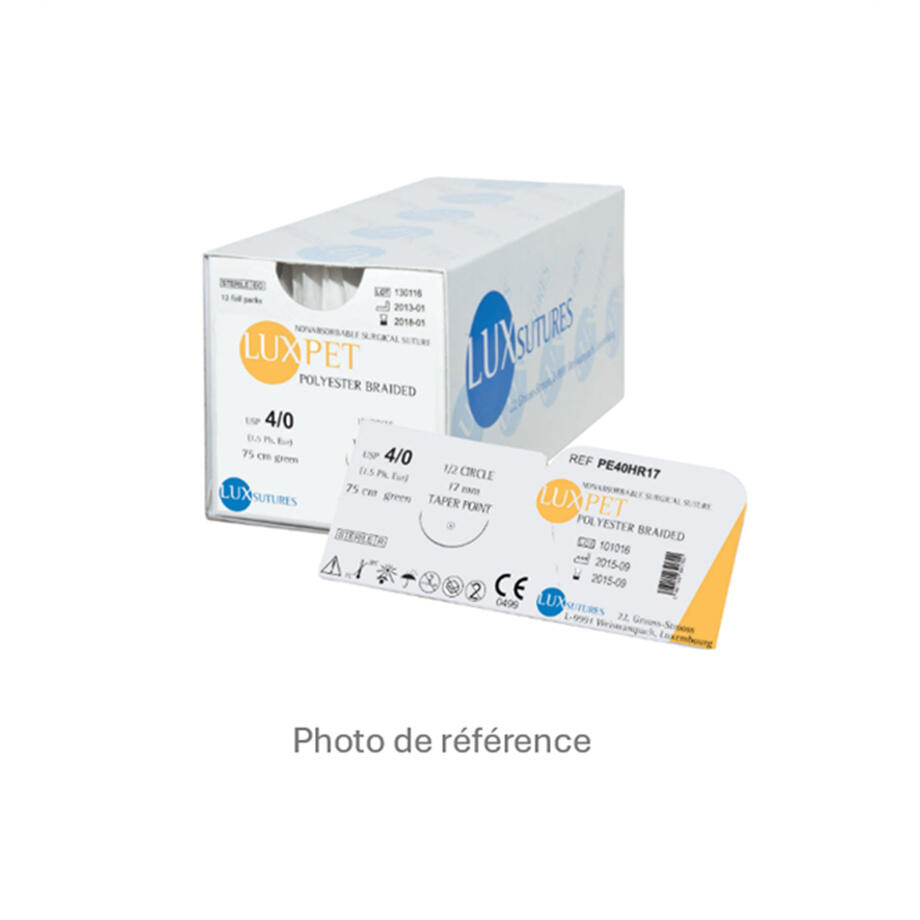 LUXPET Polyester – Tresse vert, aiguille triangulaire inversee 3/8 cercle DS19, 4/0, 75 cm, boite de 12